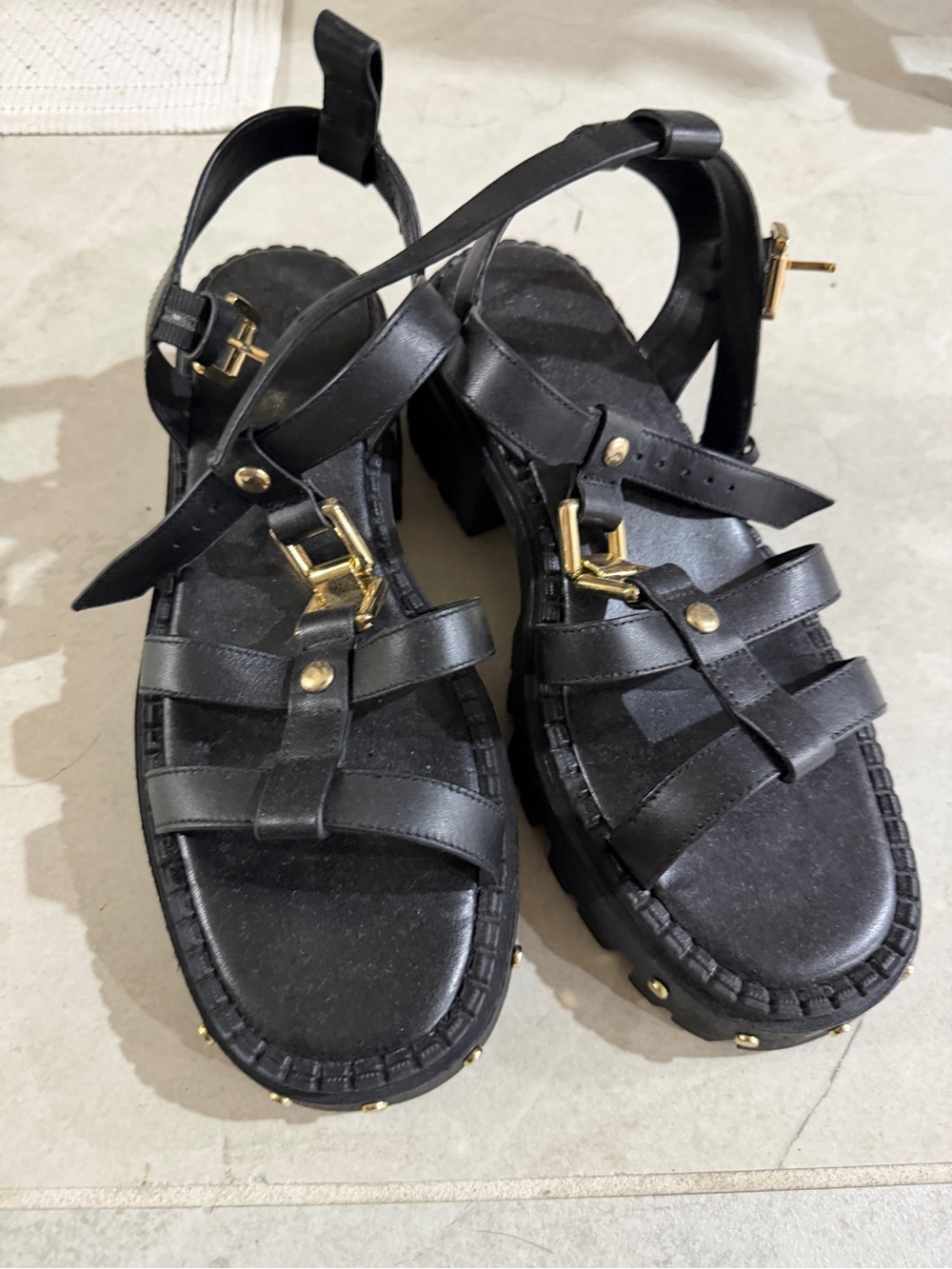 Chunky gold hardware platform Sandals
